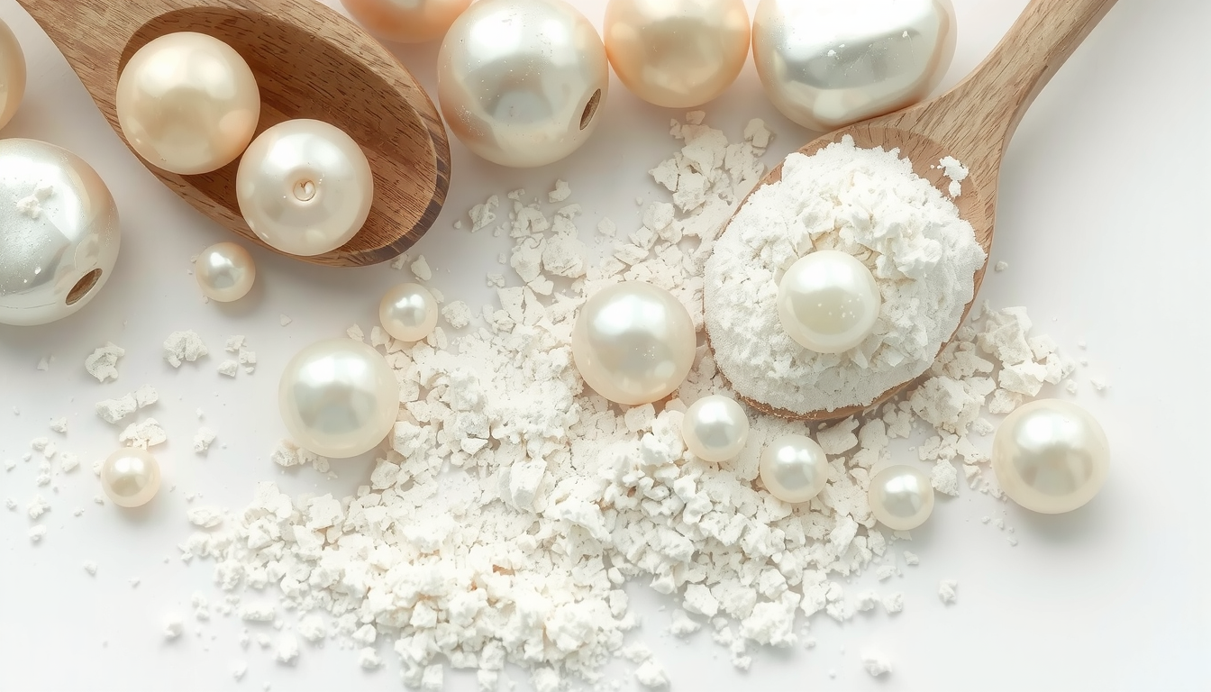 Fine white pearl powder scattered on wooden spoon with whole pearls nearby