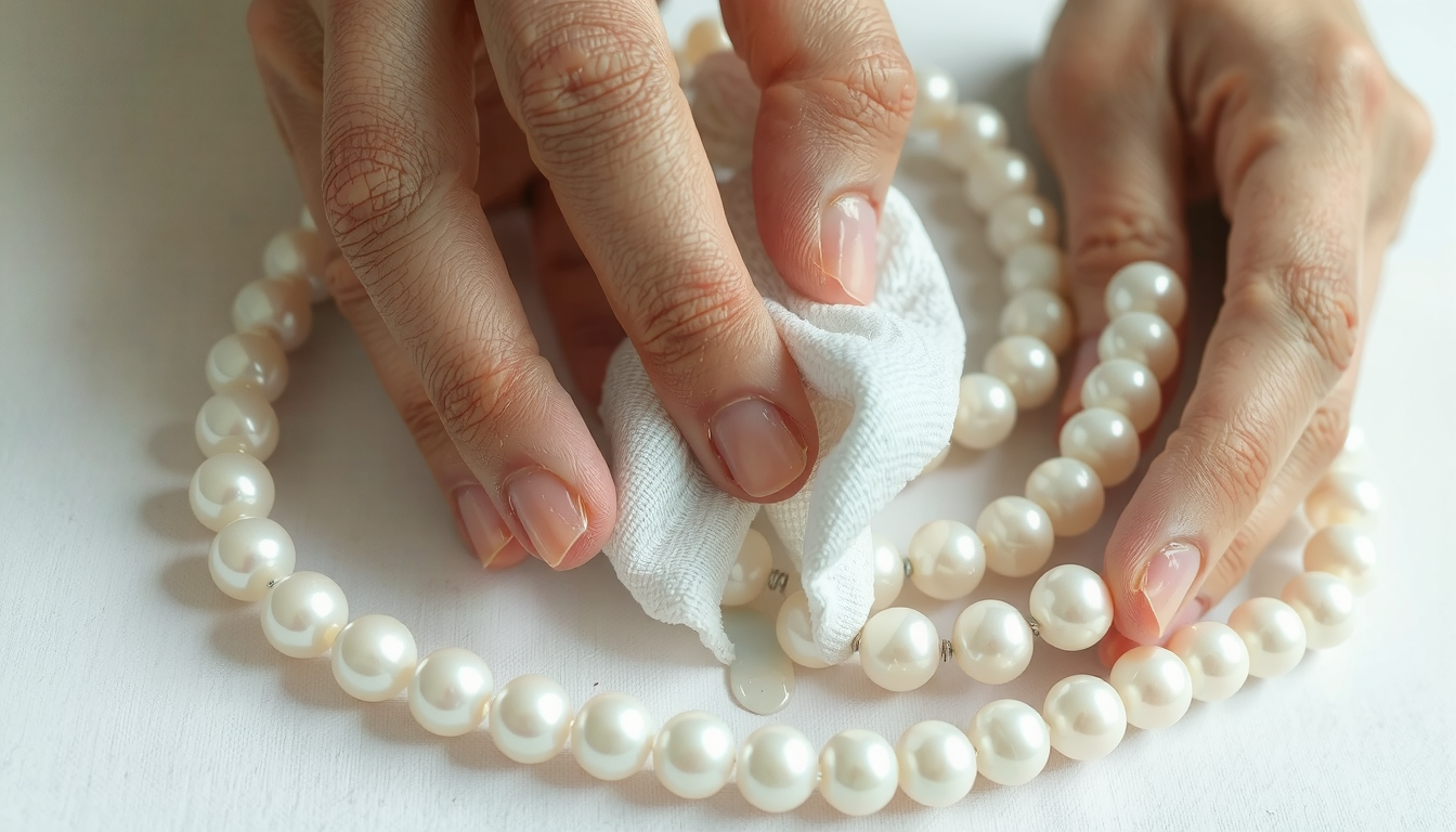 Woman gently cleaning elegant pearl necklace with soft damp cloth for proper maintenance