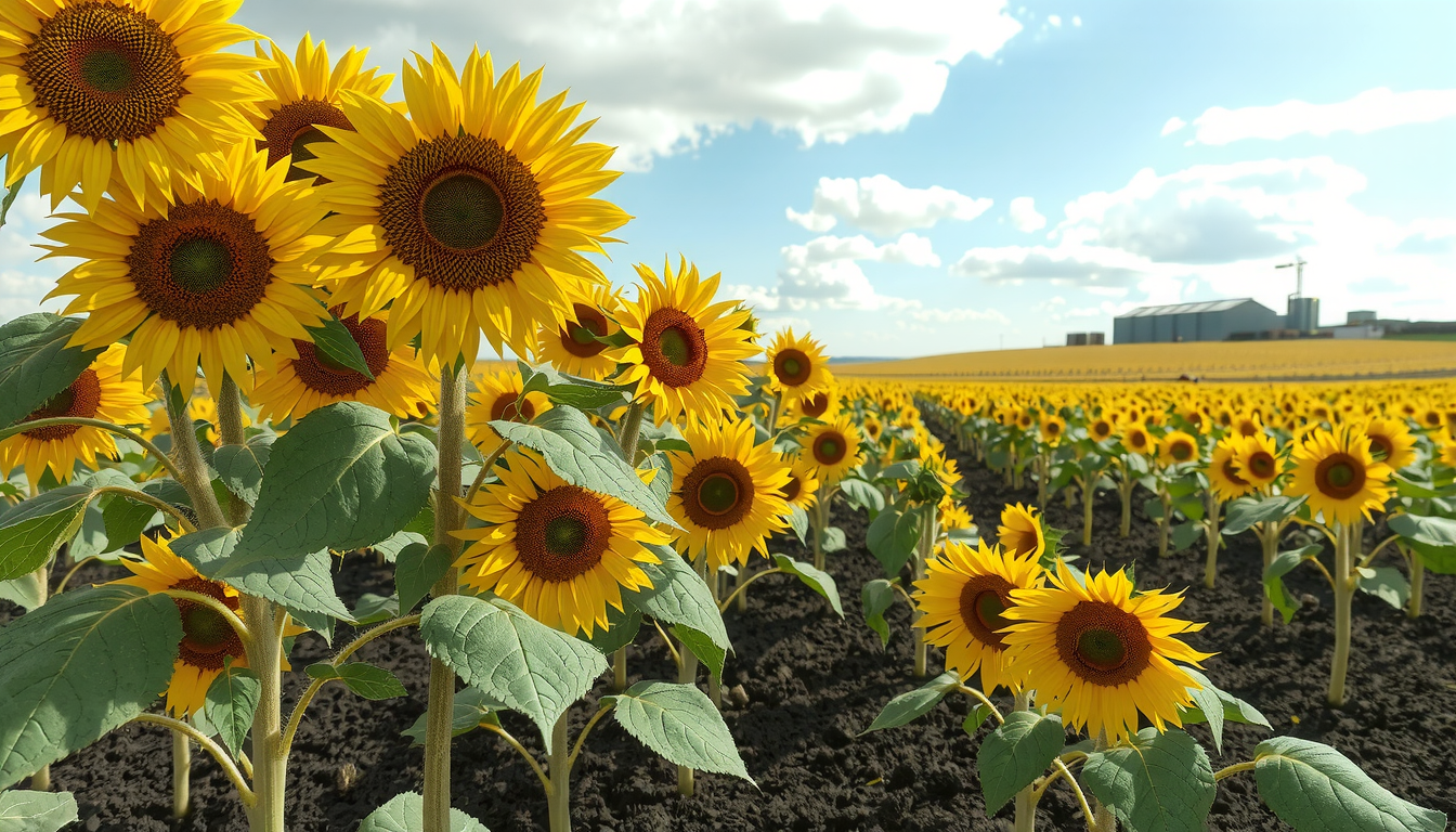 Поле подсолнечника в южном регионе России с созревающими семенами на черноземе
