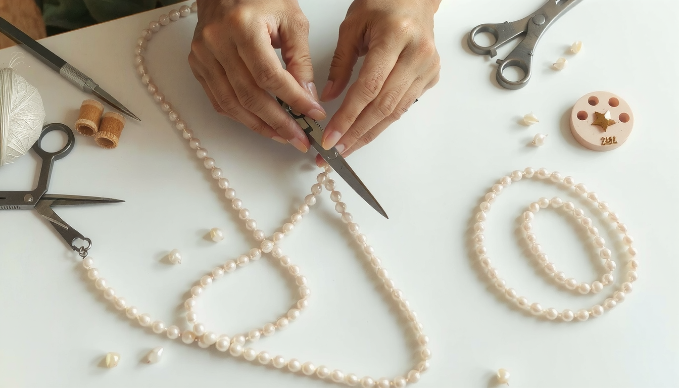 Hands measuring and cutting thread four times desired pearl necklace length for jewelry making