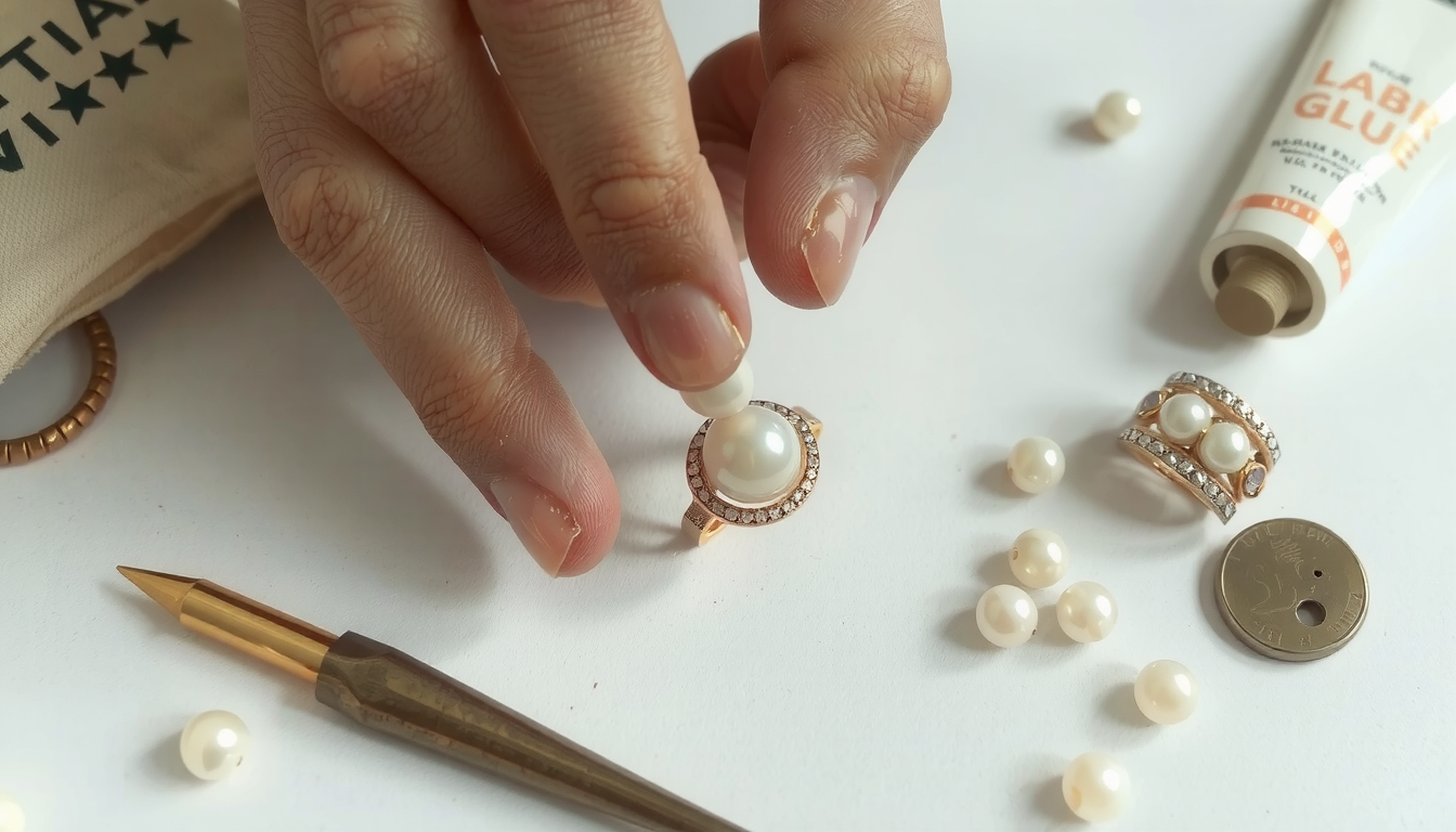 Pearl ring being repaired with specialized pearl glue adhesive for jewelry restoration