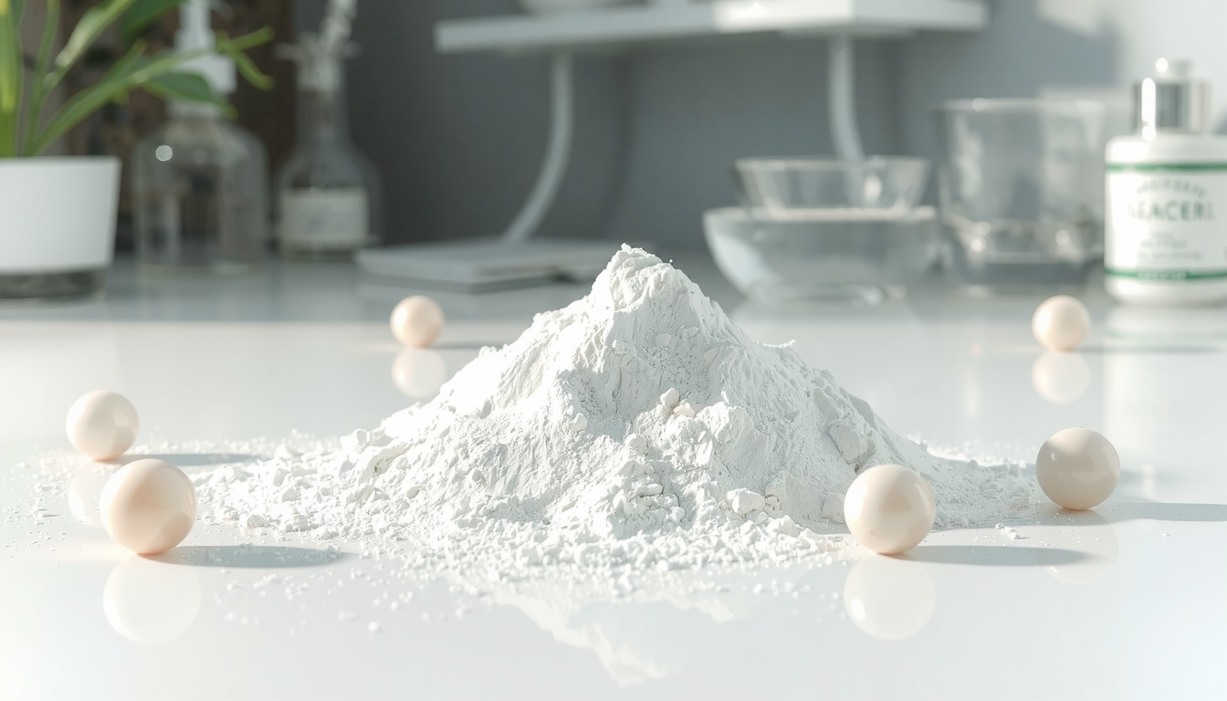 Fine pearl powder in white bowl showcasing natural skincare benefits and beauty applications