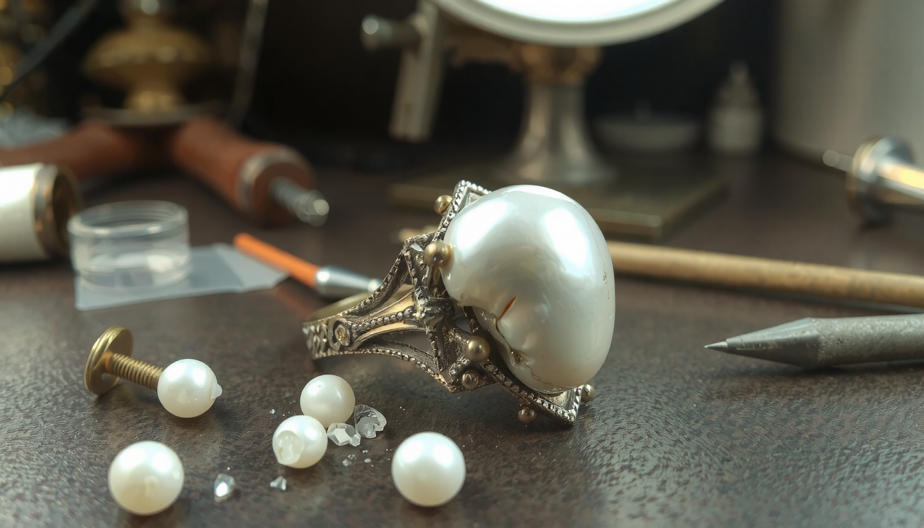 Cloudy white residue on pearl ring from improper super glue adhesive application