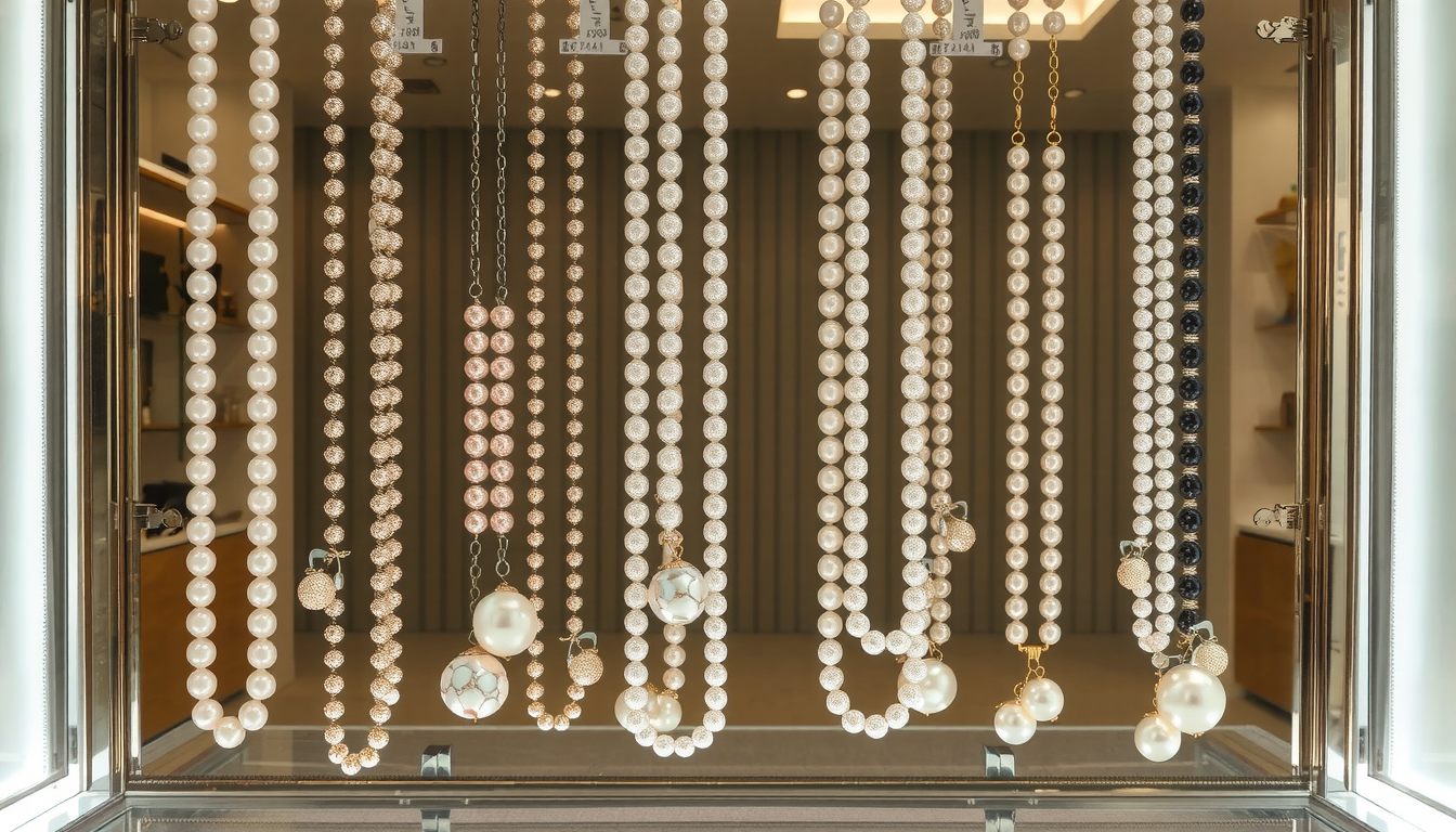 Elegant white pearl necklace displayed on velvet showcasing various sizes and lustrous quality