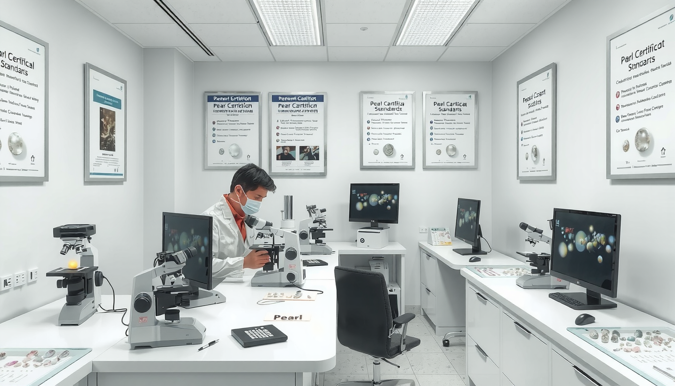 Pearl Science Laboratory certification process with professional gemologists examining cultured pearls under microscopes