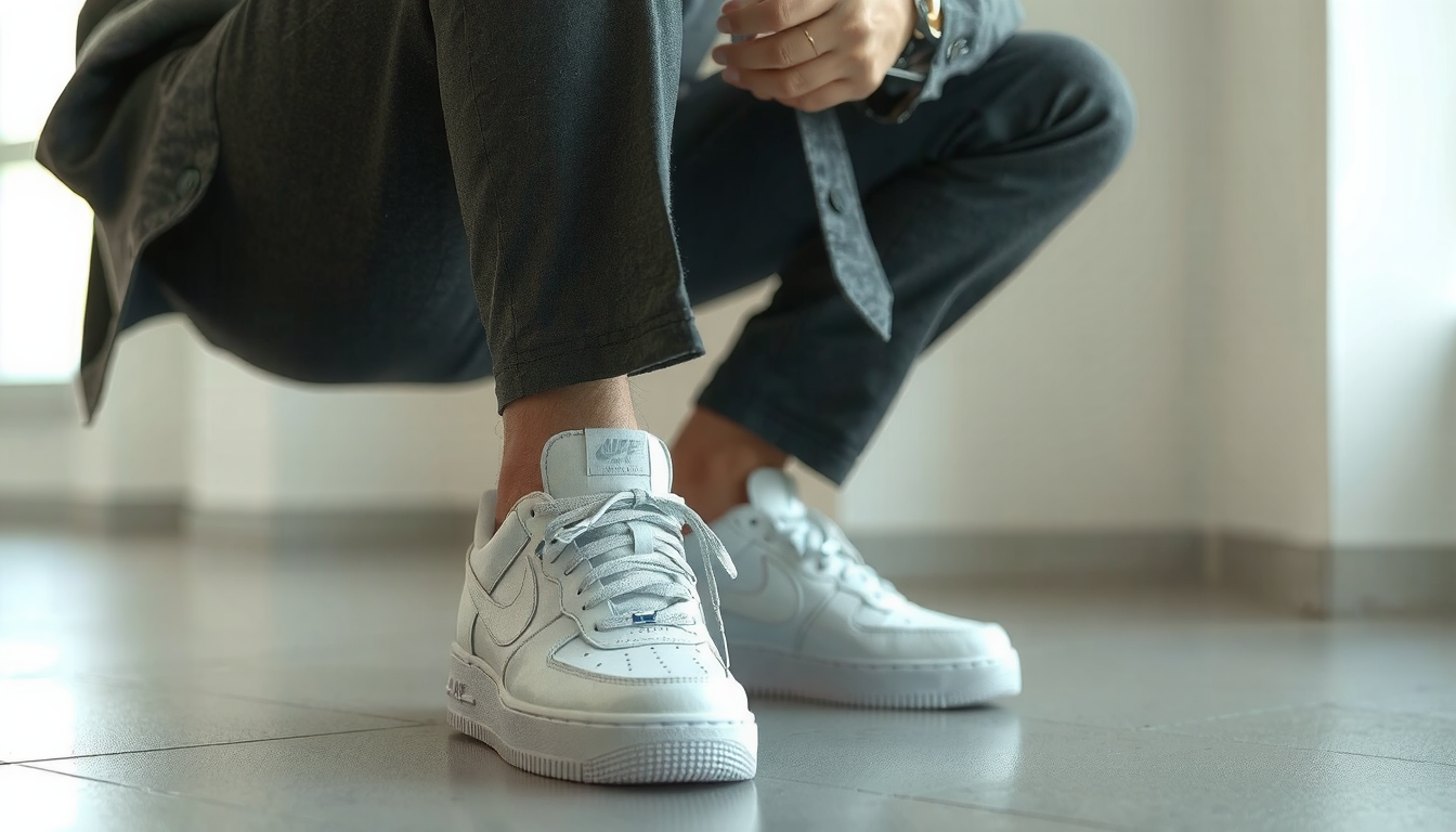 Person demonstrating proper bending technique in white Air Force 1s to prevent creasing