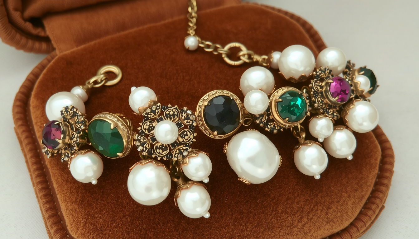 Vintage baroque pearl bracelet showcasing detailed craftsmanship with mixed gemstones and historical design elements