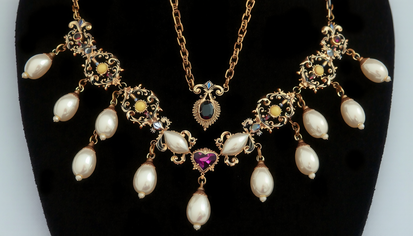 Elegant baroque style pearl necklace displaying dramatic design inspired by historical period
