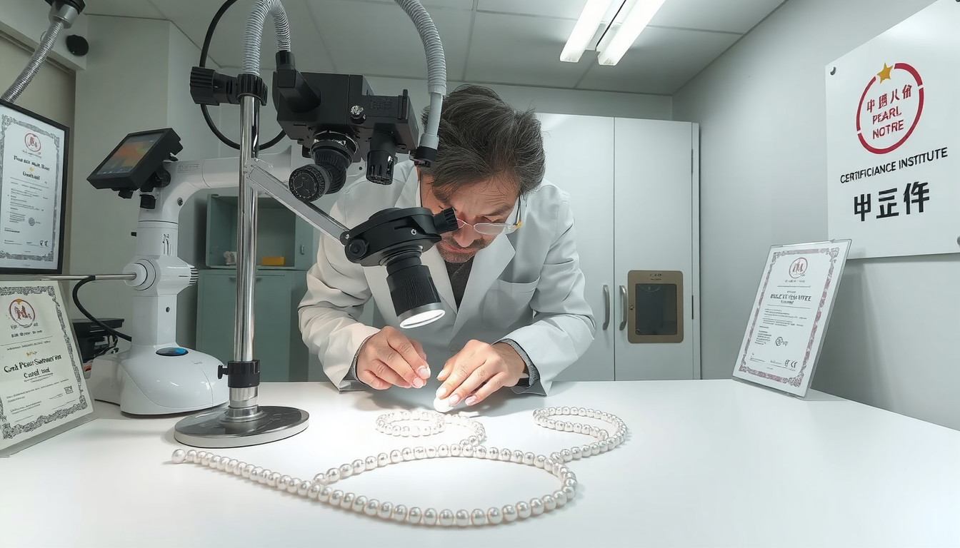 Pearl certification experts examining authentic pearls at China Pearl Science Institute laboratory